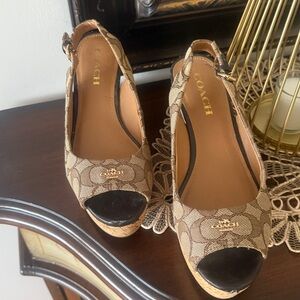 Coach Signature Tan and Black Wedges